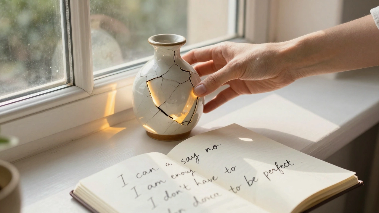 Разбитая ваза на подоконнике, освещённая солнцем, с открытой тетрадью, где написаны слова о принятии себя.