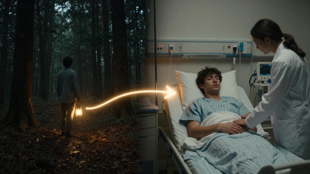 Разделённая сцена: человек на пороге тьмы и в клинике — символ перехода от страдания к исцелению.