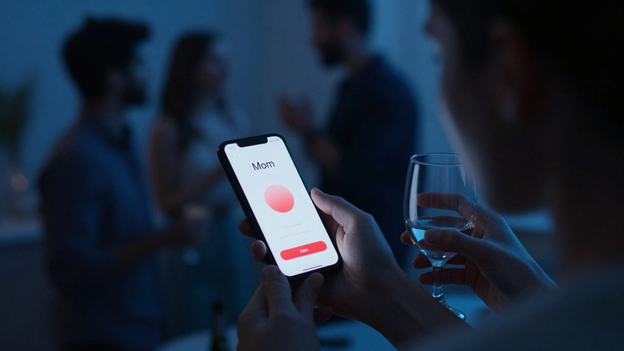 Рука держит телефон с пропущенным звонком, за спиной — размытая вечеринка, человек отворачивается.