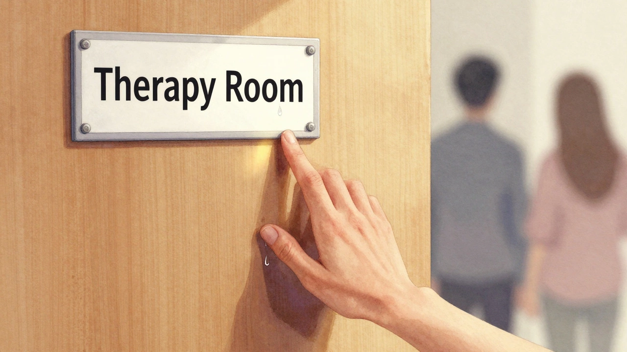 Рука дрожит у двери кабинета психолога, за дверью — тёплый свет, символ надежды и смелости.