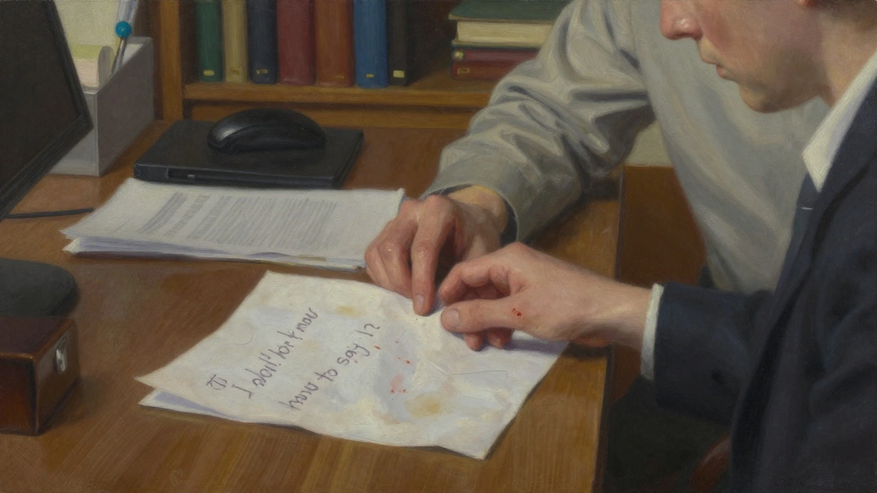 Рука кладёт на стол клочок бумаги с мокрыми пятнами и едва читаемыми словами.