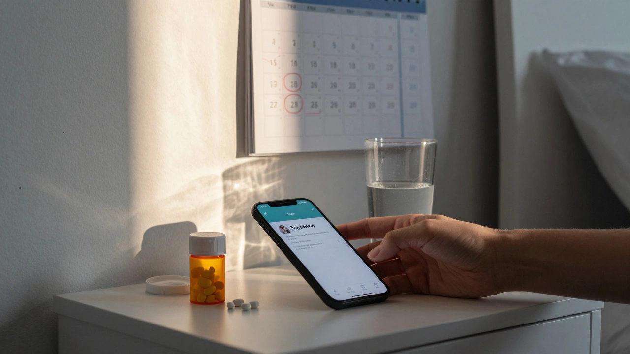 Рука тянется к телефону рядом с бутылкой таблеток и стаканом воды, утром свет проникает через шторы.