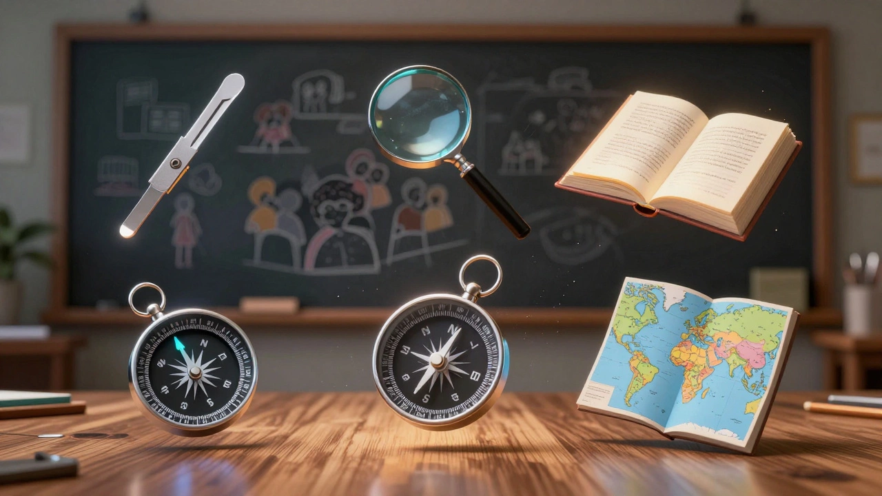 Шесть инструментов, символизирующих основные направления психологии, на деревянном столе.