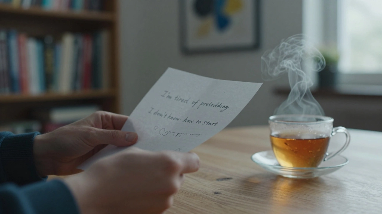 Скромные руки держат исписанный листок с честными фразами о внутреннем состоянии.