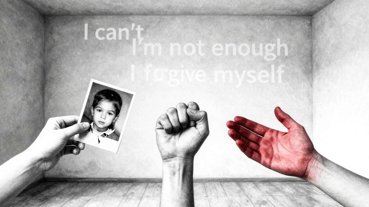 Три руки тянутся друг к другу, держа символы боли и прощения, над ними парят прозрачные слова о внутреннем страхе и исцелении.