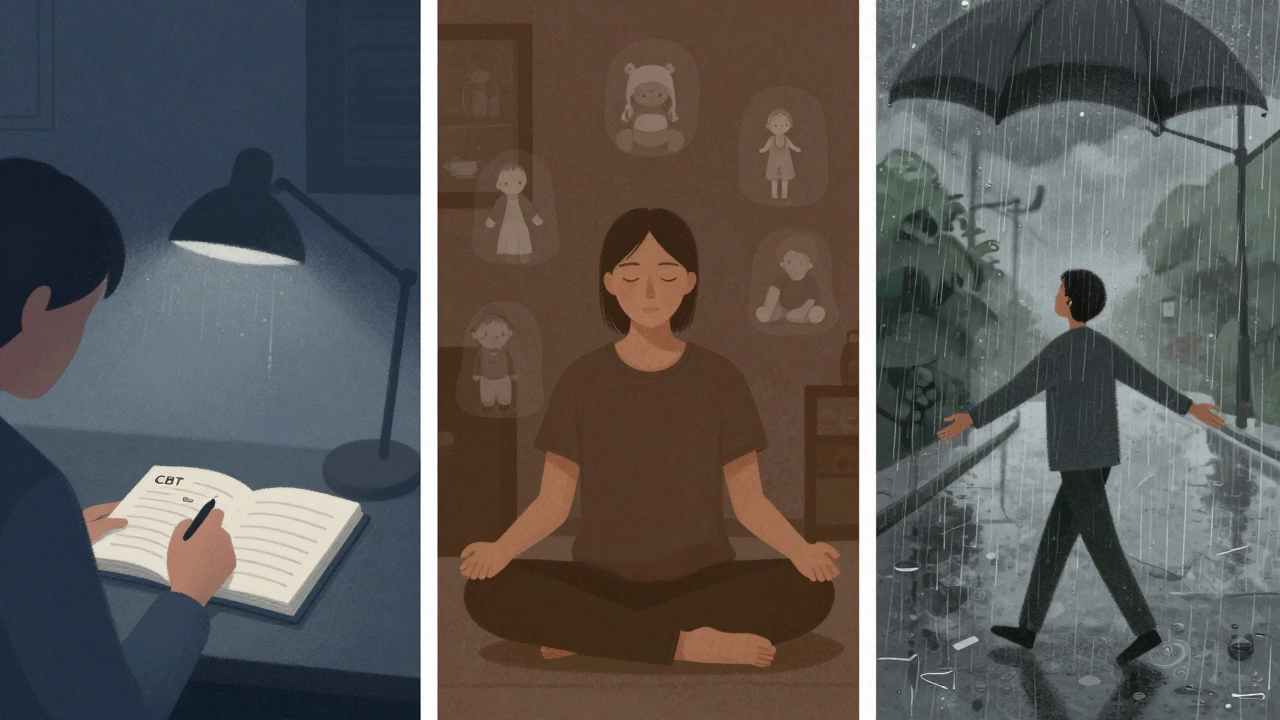 Три сцены: человек ведет дневник, воспоминания детства и принятие эмоций в дождь.