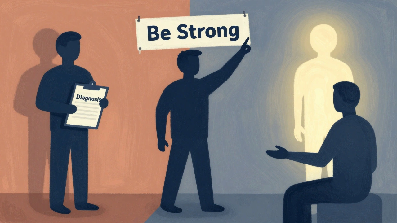 Три силуэта терапевтов: один с диагнозом, второй с указкой, третий — с открытыми руками рядом с светящейся фигурой.