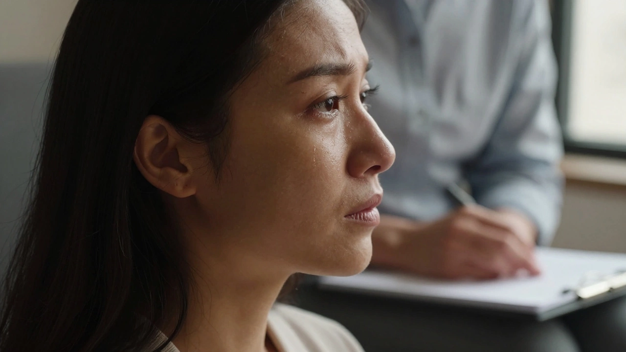 Женщина смотрит в окно во время сеанса, слезы на глазах, терапевт молчит, уважая ее пространство.