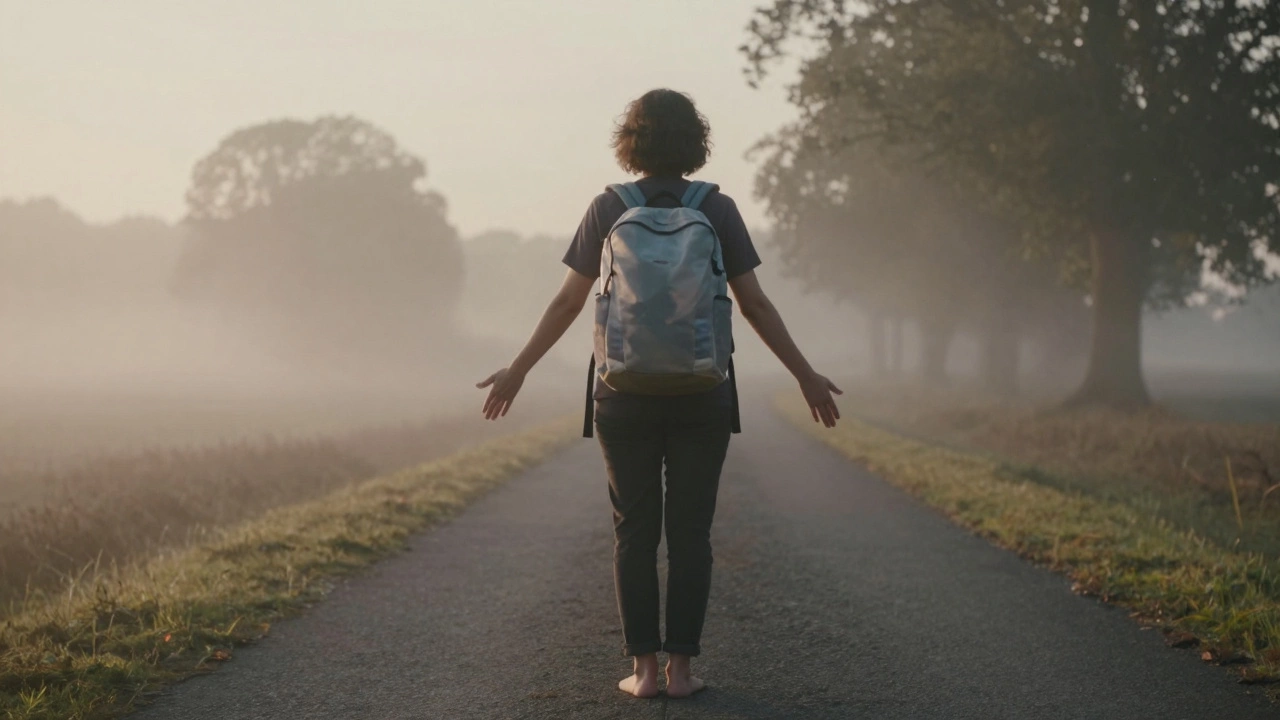 Человек стоит на рассвете, старый рюкзак растворяется в тумане — символ освобождения после терапии.