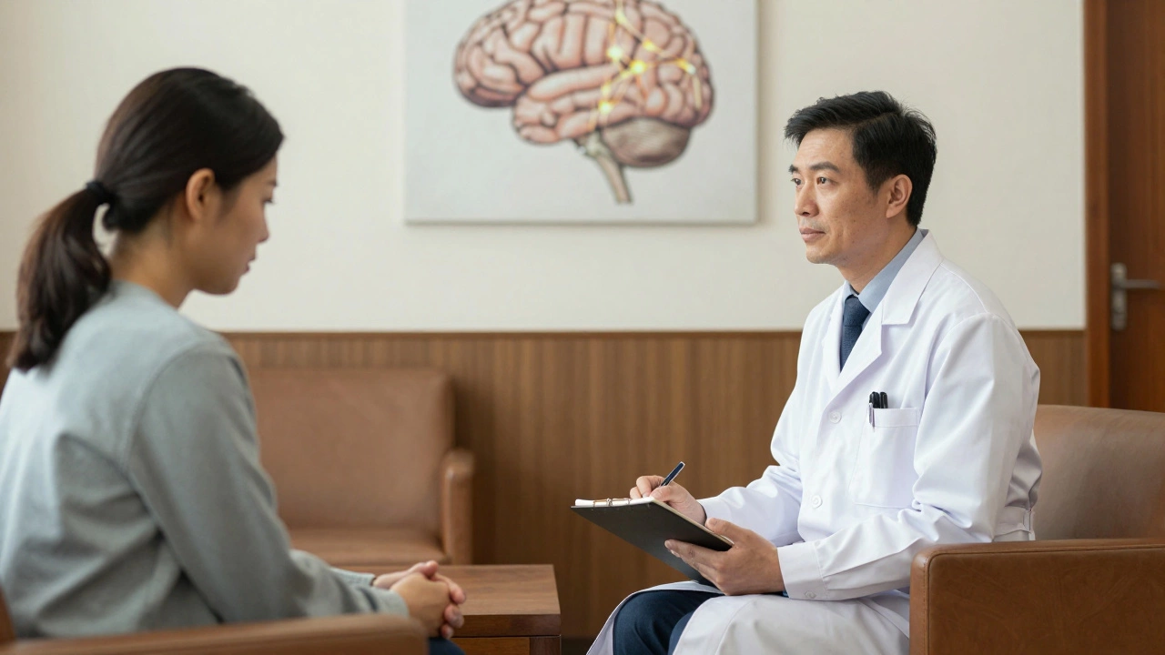 Психиатр слушает пациента в спокойной консультационной комнате.