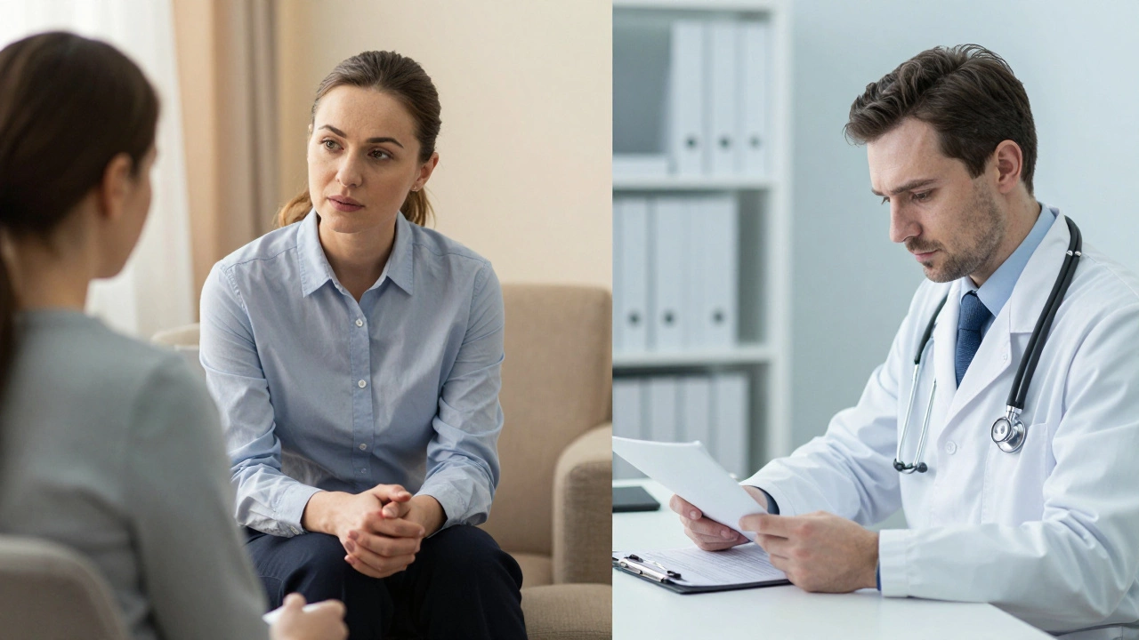 Психолог и психиатр в разных обстановках: терапия vs медицинская диагностика.