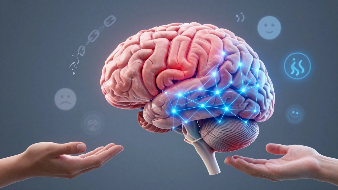 Схема мозга: снижение активности миндалевидного тела и усиление связей зоны саморефлексии.